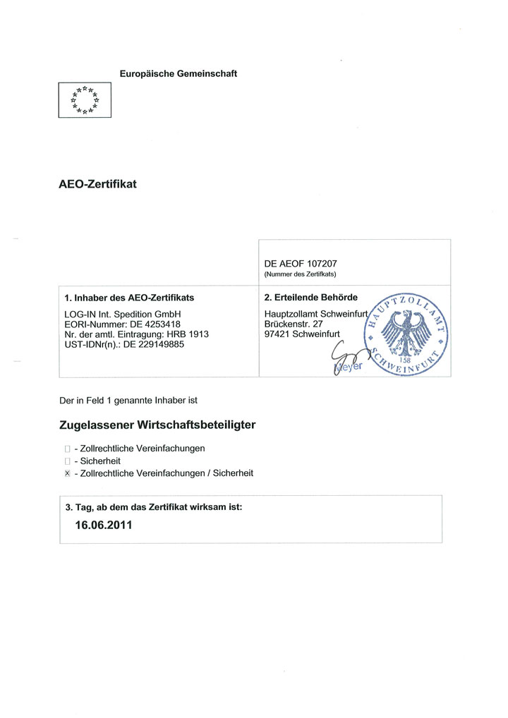 AEO Zertifikat LOG-IN Int. Spedition GmbH